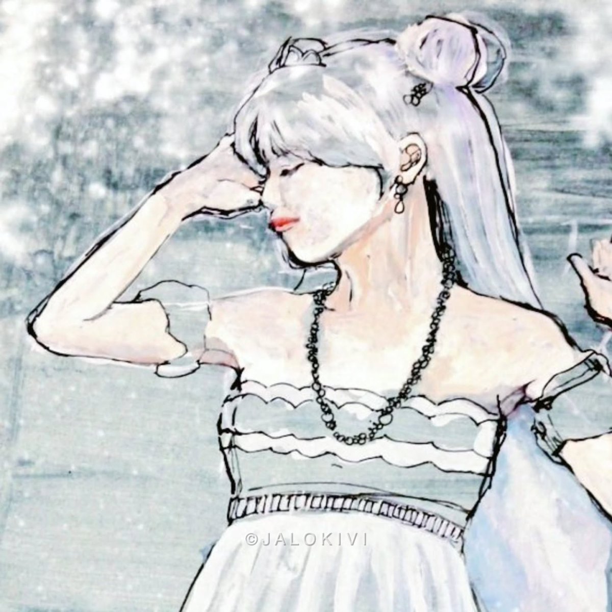 白い髪と白い服の人物画