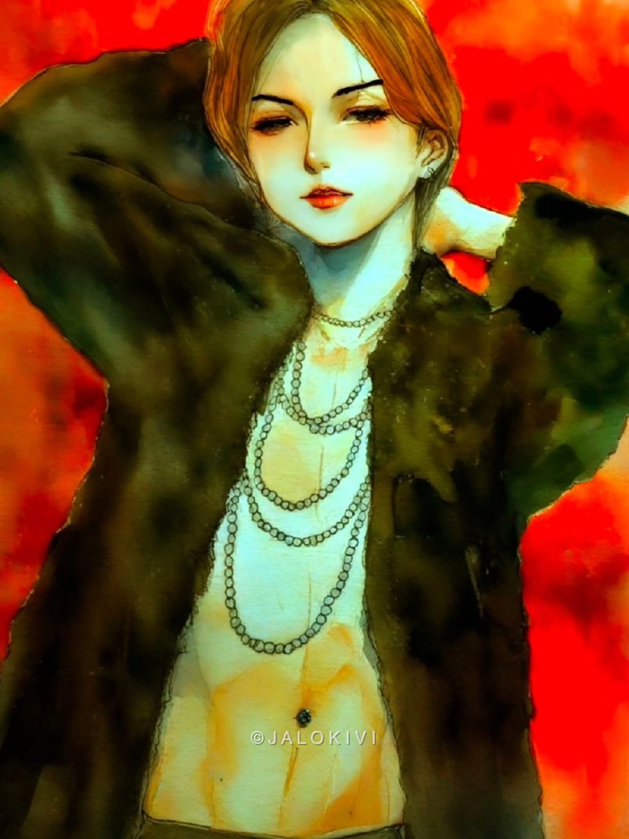 赤い背景に黒い服とネックレスの人物